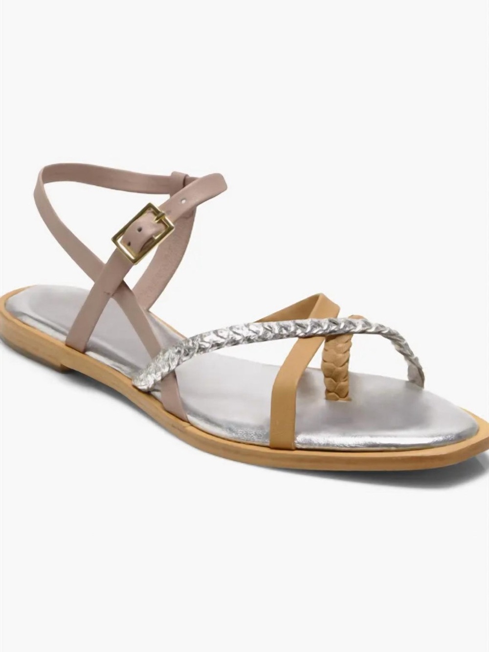 Free People Silver and Tan Braided Strap Flat Sandals